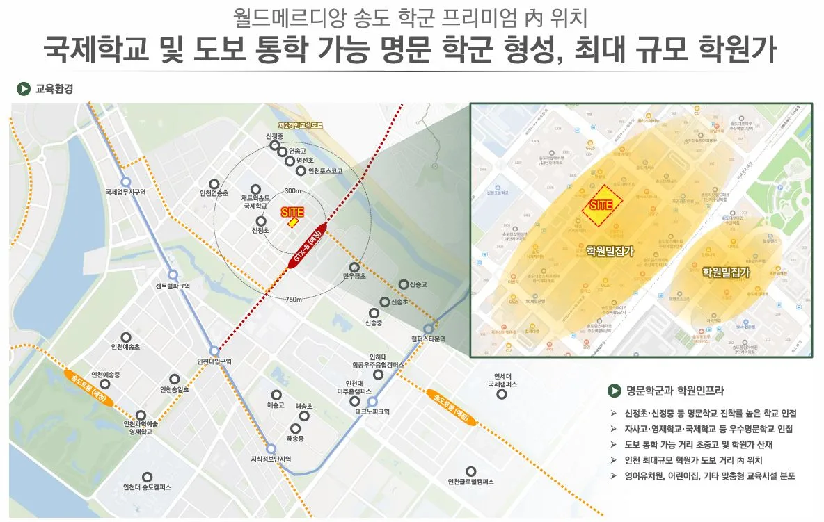 송도 월드메르디앙 에클라 교육 환경 - 채드윅 국제학교 도보권, 1공구 학원가
